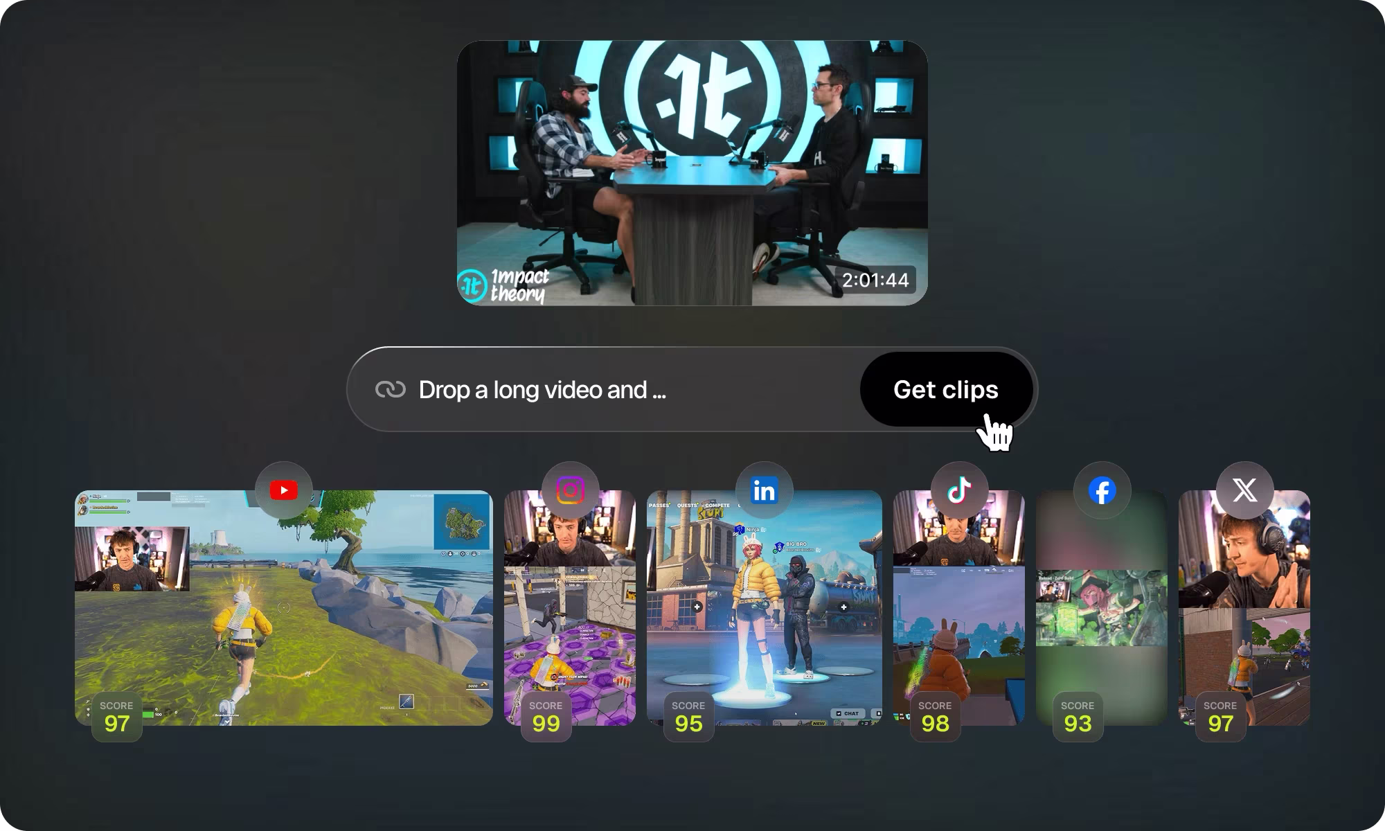 Opus Clip turning a long video into multiple scored viral clips